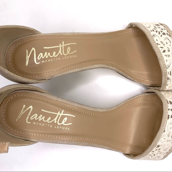 Nanette Lepore Ankle Strap Sandal ‘Beauty’ Heel Crochet Detail Faux Suede Tan 8 - Picture 9 of 14
